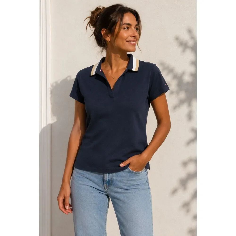 Tommy Hilfiger Navy Polo Shirt Gold Stripe Collar Women Size S Cotton Classic
